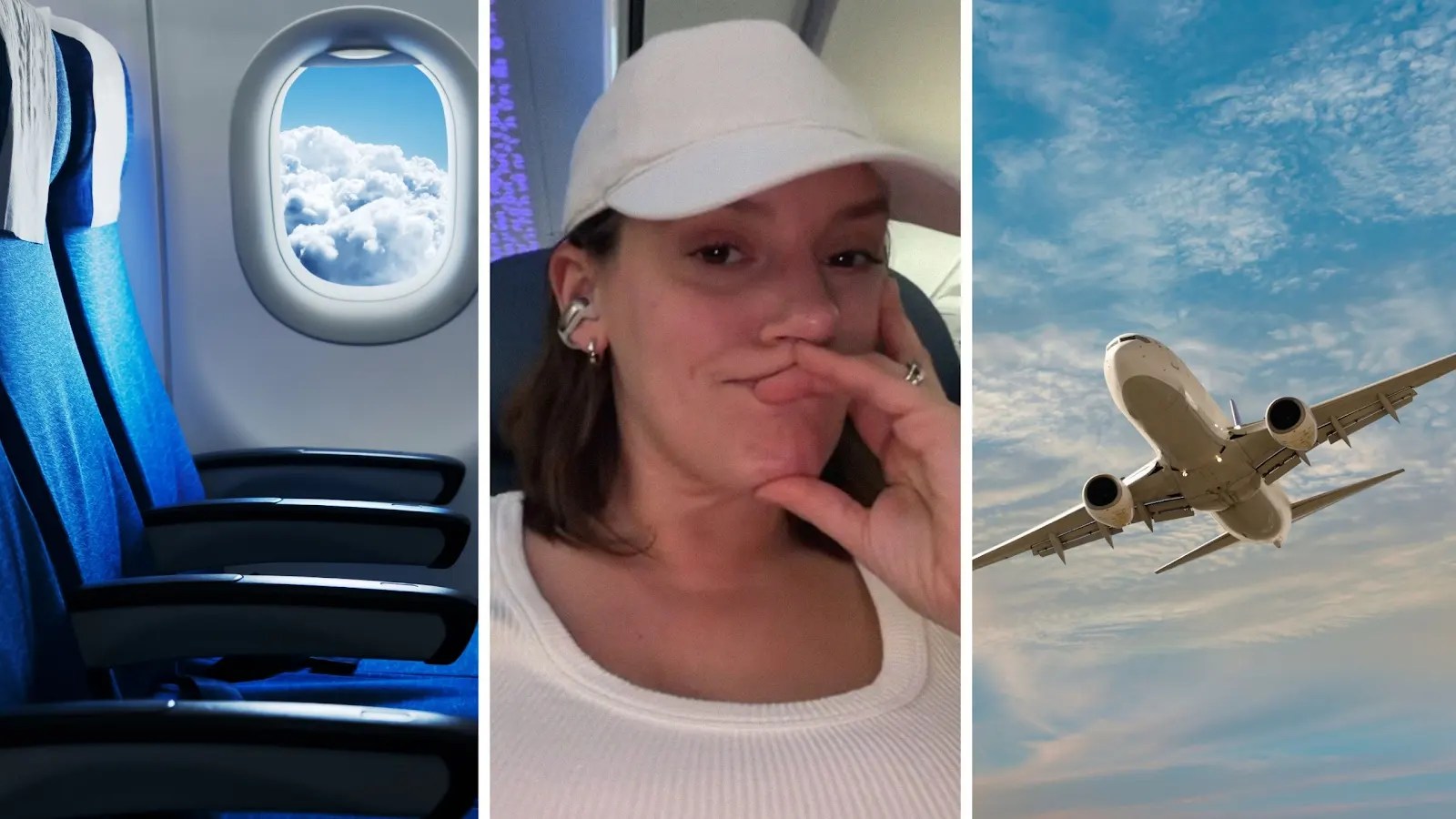 empty flight seats (l) woman shares flight luck (c) aircraft on the go (r)