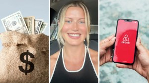 bag of money worth (l) woman shares air bnb issue (c) air bnb app (r)