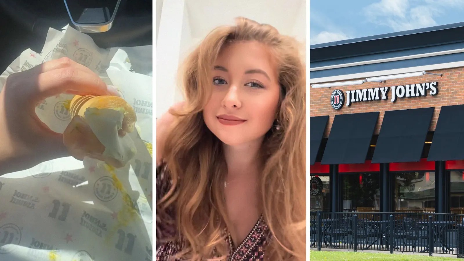 small sandwich (l) woman shares food order (c) Jimmy John's entrance (r)
