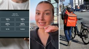 tipping section (l) woman shares doordash experience (c) door dash delivery guy (r)
