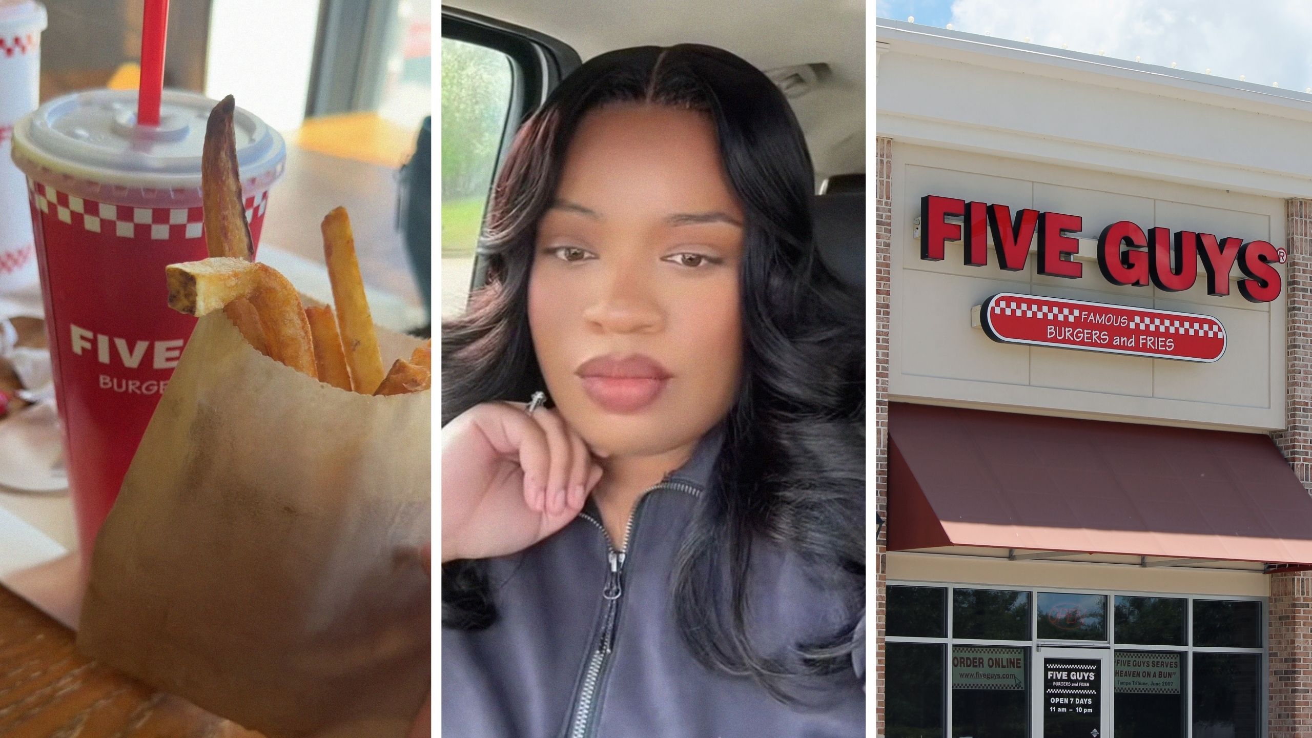 five guys fries (l) woman shares five guys purchase (c) Five guys entrance (r)