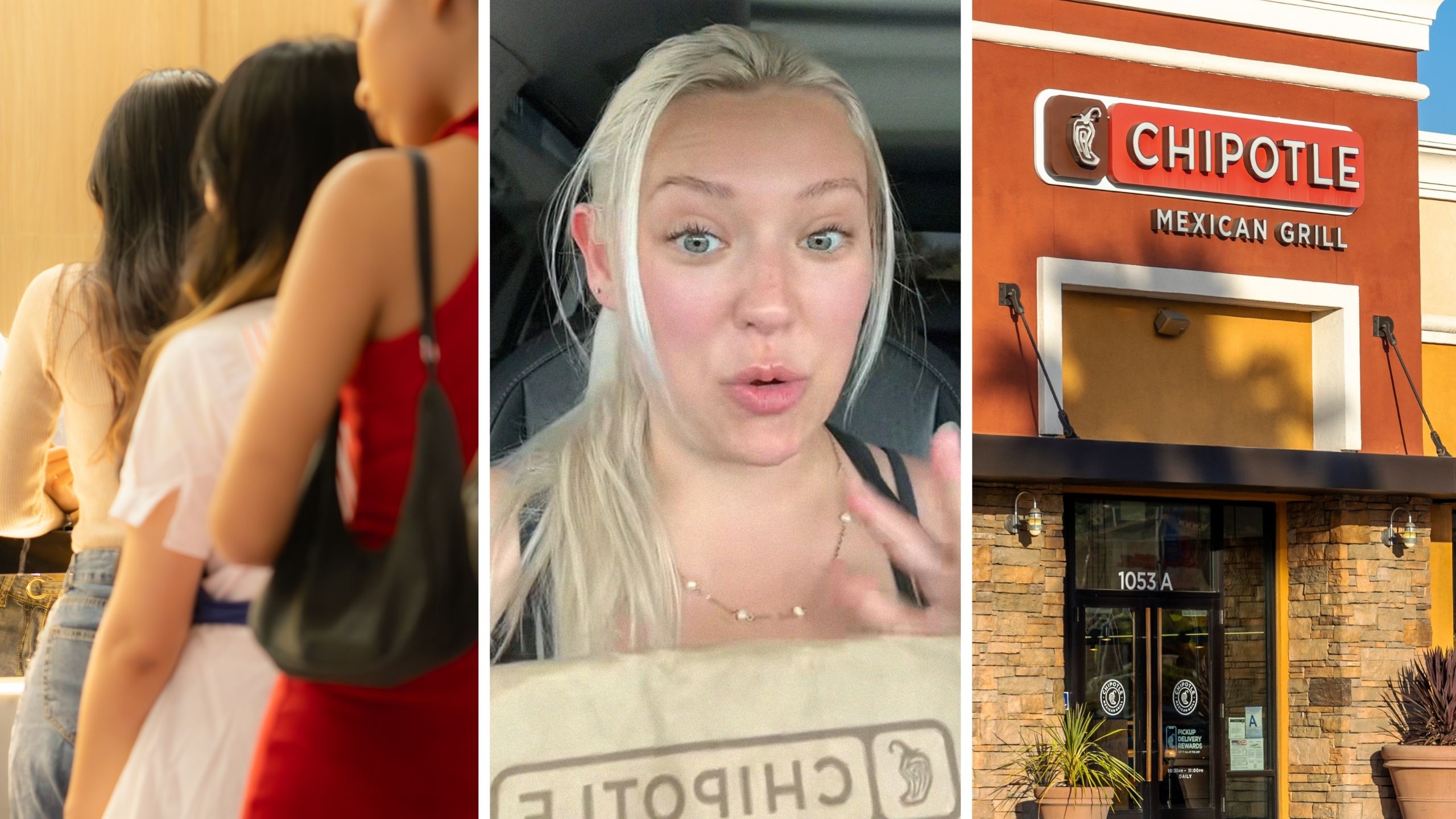 woman waiting in line (l) woman shares chipotle experience (c) chipotle front door (r)