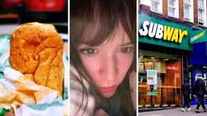 subway sandwich (l) woman shares subway order (c) Subway storefront (r)
