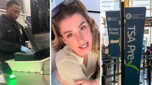 man checking luggage (l) woman shares airport experience (c) TSA check entrance (r)
