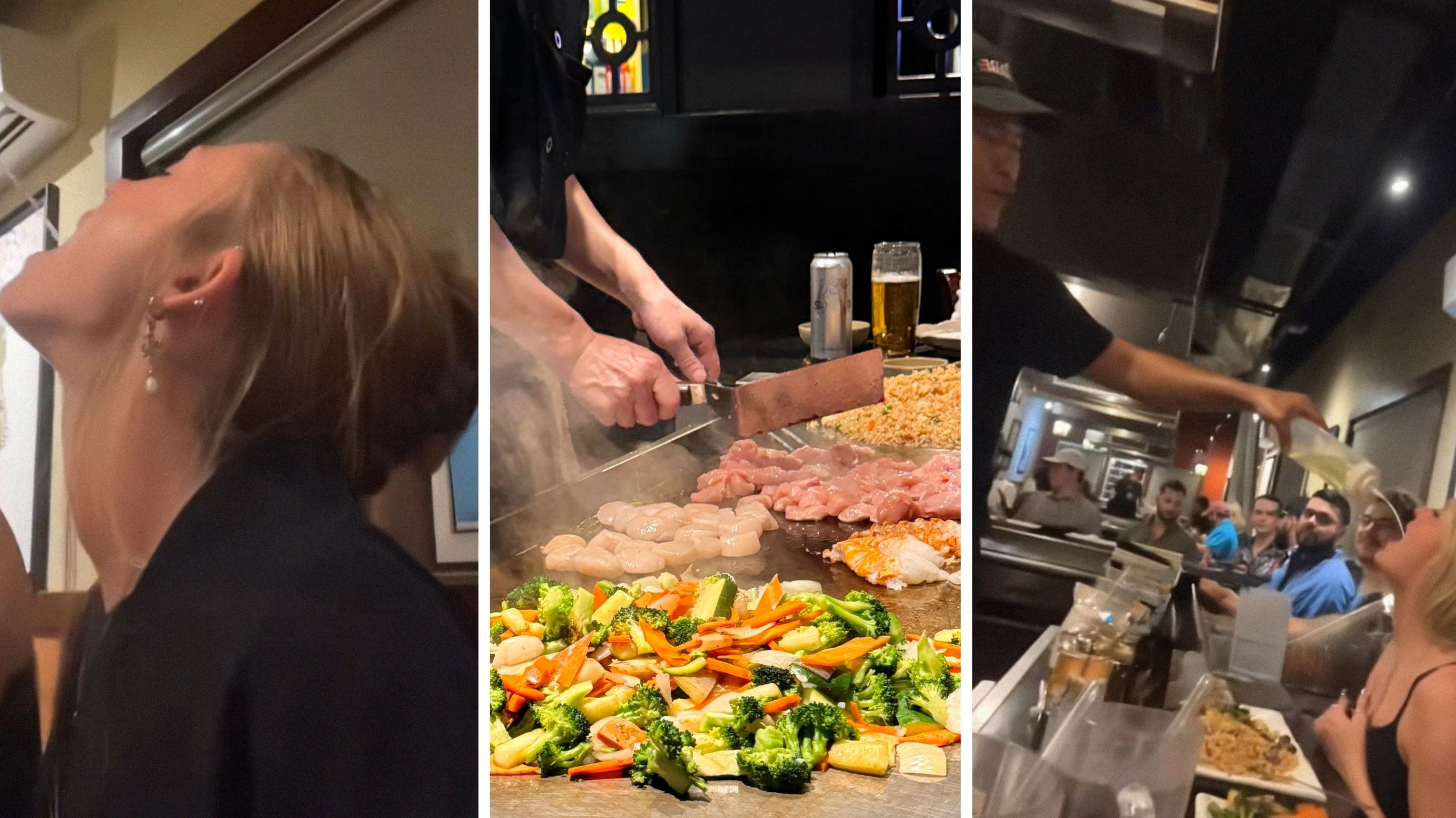 woman drinking liquid (l) hibachi chef (c) woman at hibachi restaurant (r)