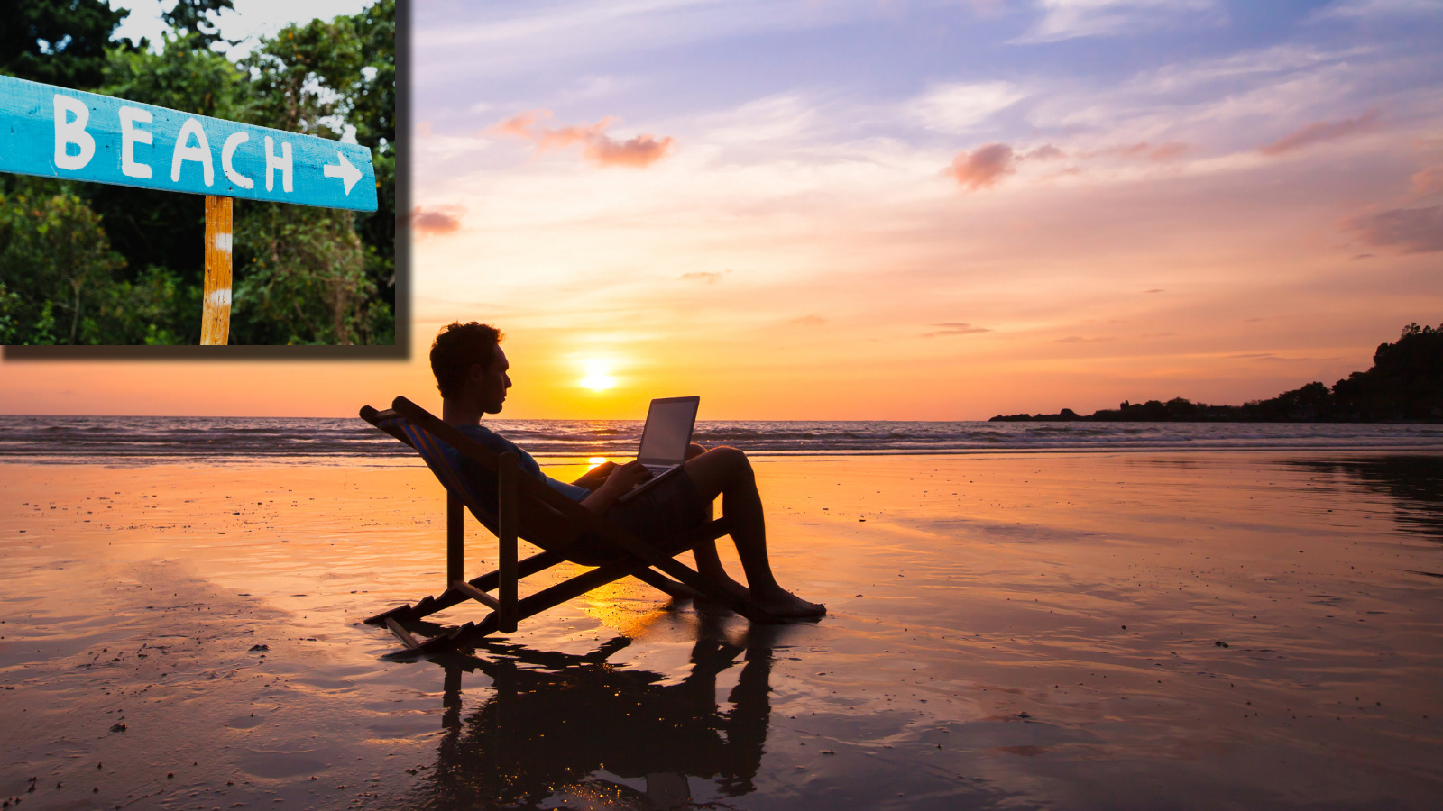 Person studying in a beach chair with a sign hovering above them