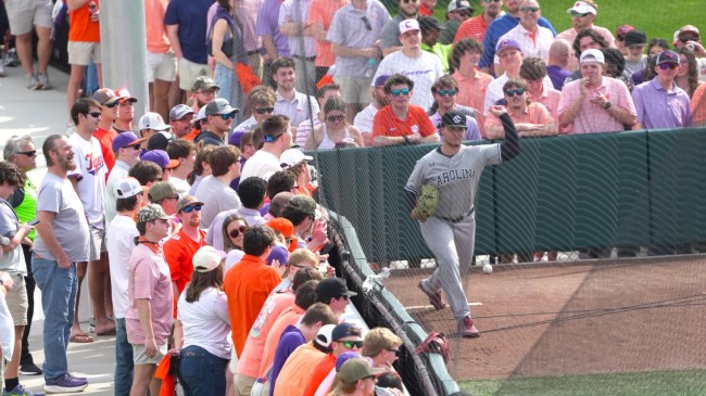 Clemson baseball fans gather around the bullpen
