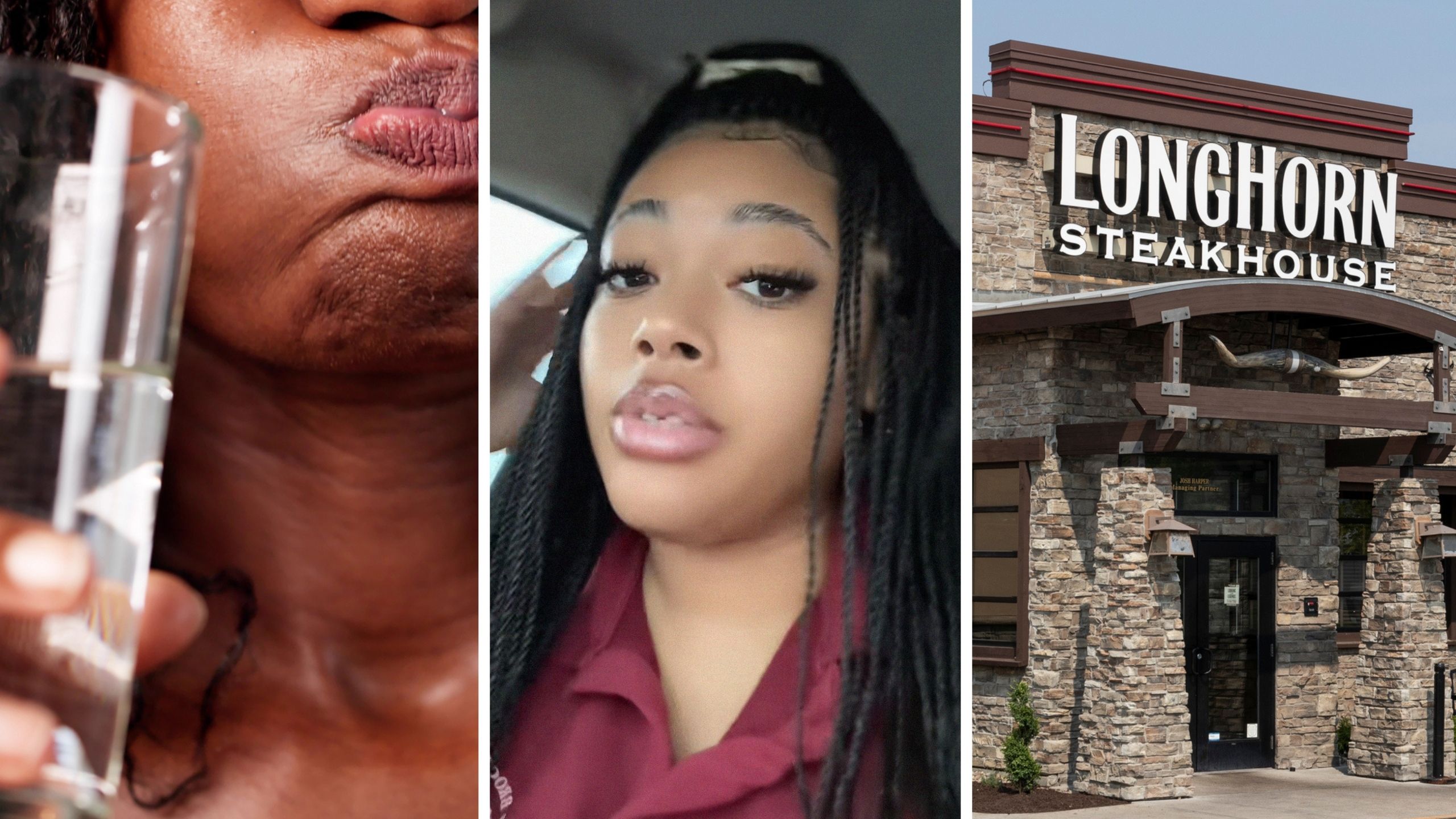 woman drinks her water (l) woman shares steakhouse experience (c) Longhorn steakhouse (r)