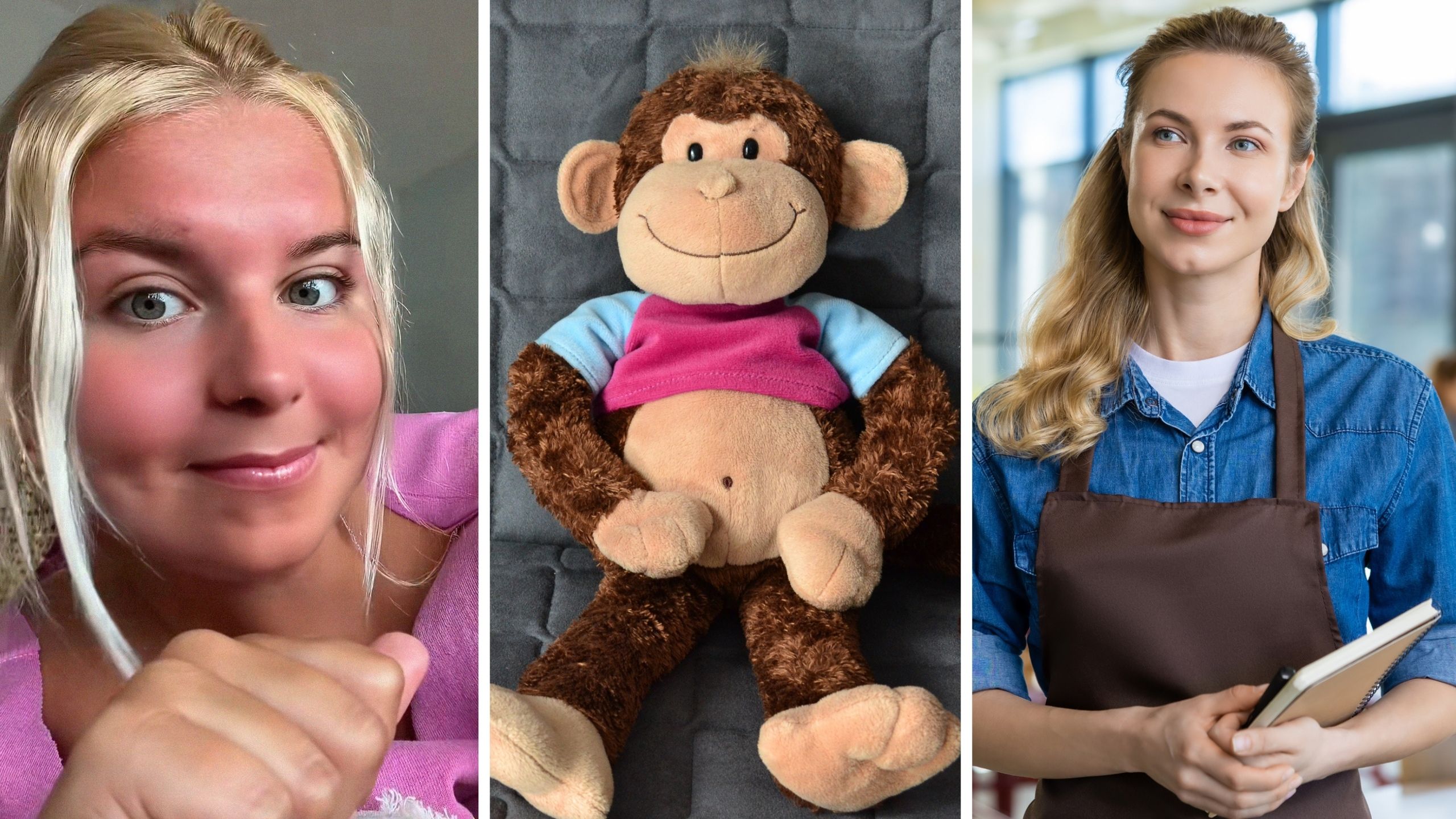woman shares a day in the job (l) baby monkey doll (c) waitress at work (r)