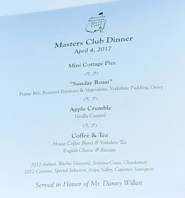 Danny Willett Masters dinner menu 2017