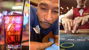 casino drinks (l) man shares casino tips (c) casino dealer (r)