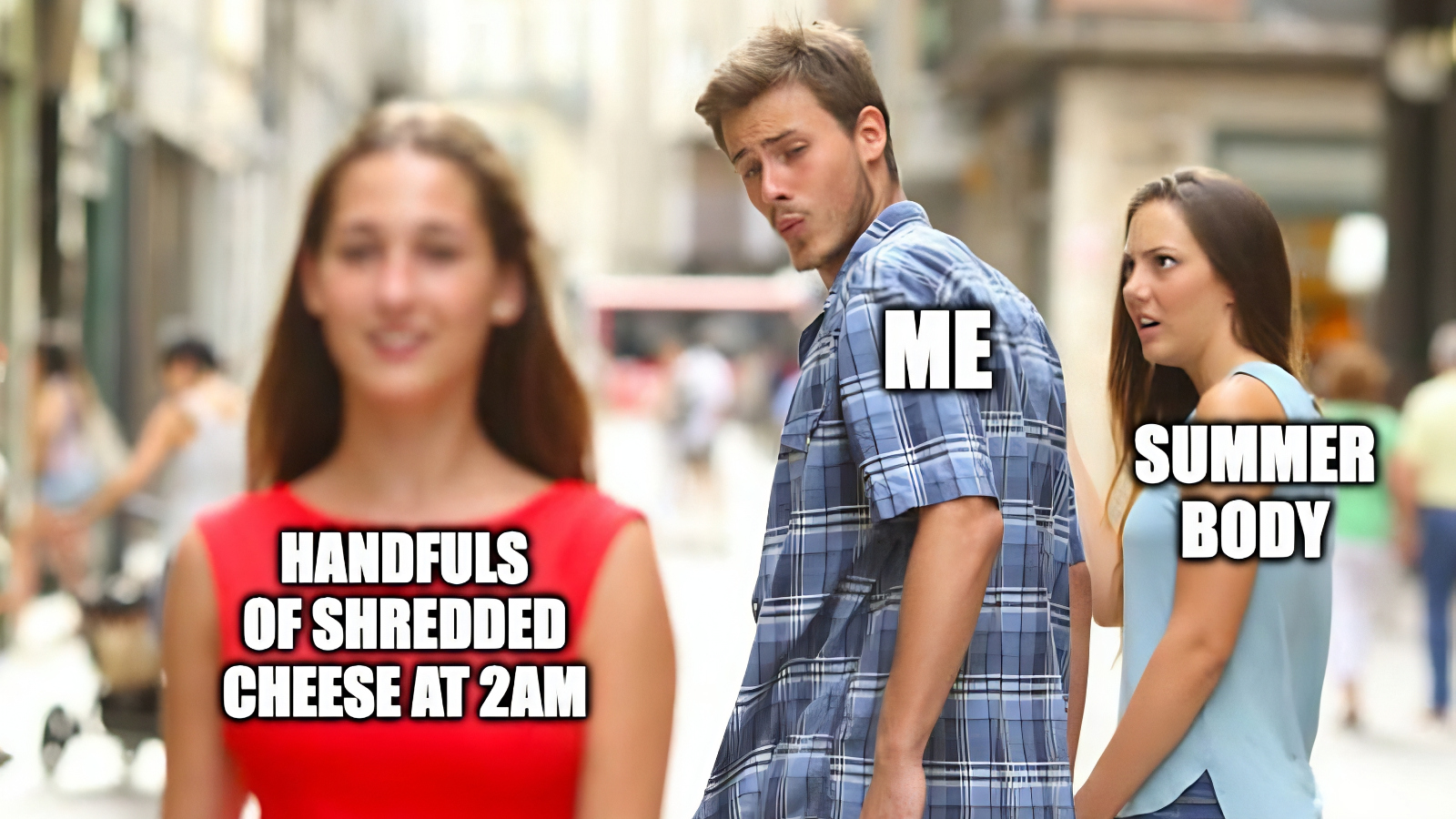 distracted boyfriend meme about shredded cheese