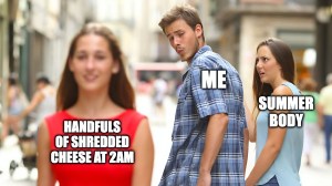 distracted boyfriend meme about shredded cheese