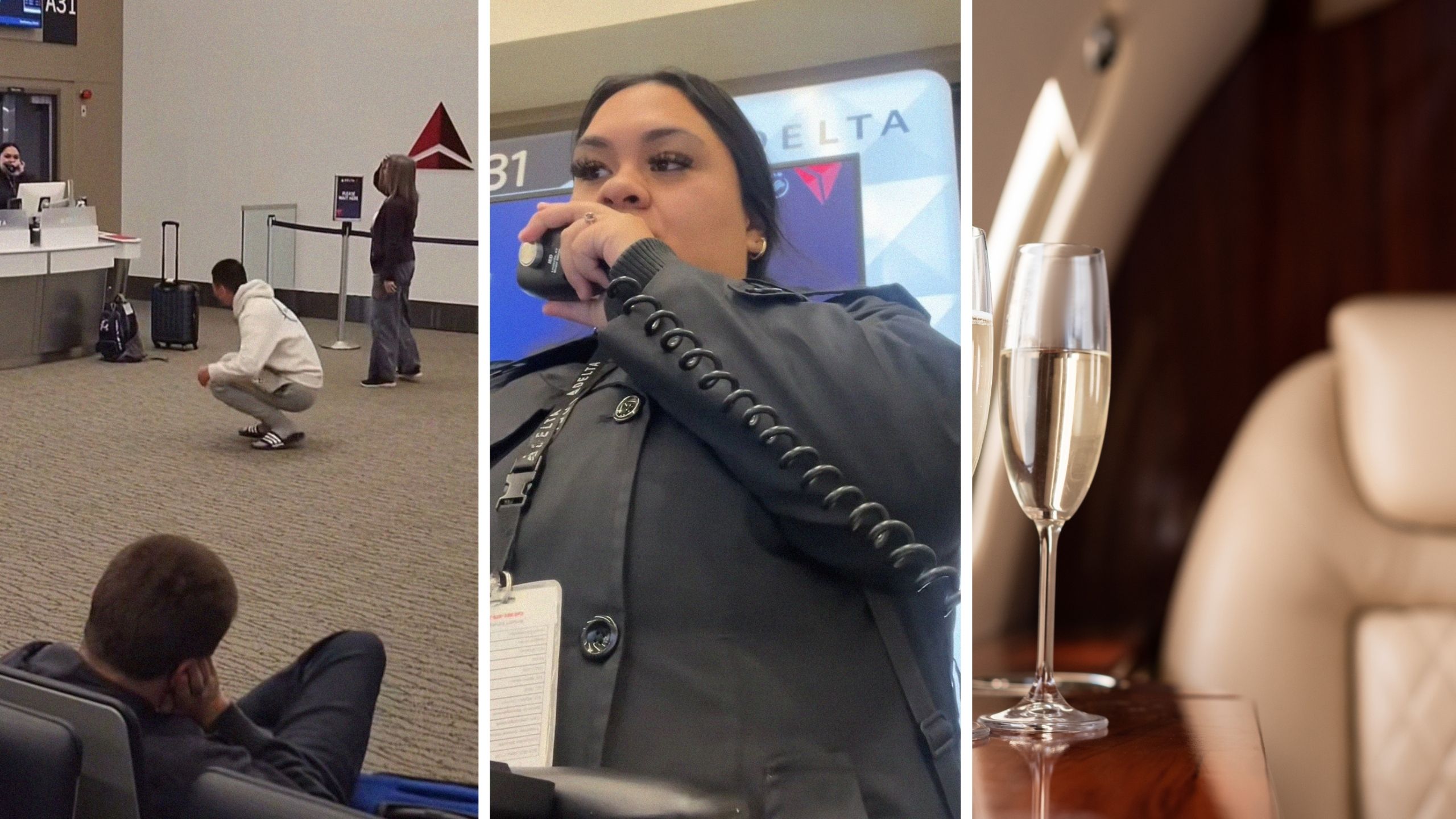 passengers break dancing (l) gate agent making announcement (c) first class flight seat (r)