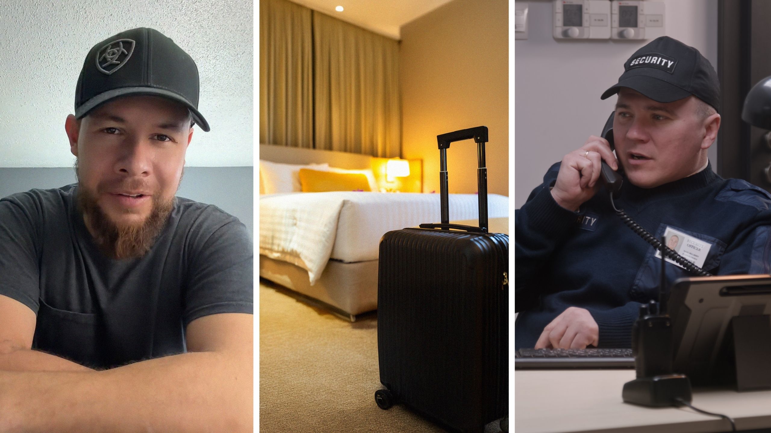 man shares hotel experience (l) hotel room (c) police department phone call (r)