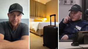 man shares hotel experience (l) hotel room (c) police department phone call (r)