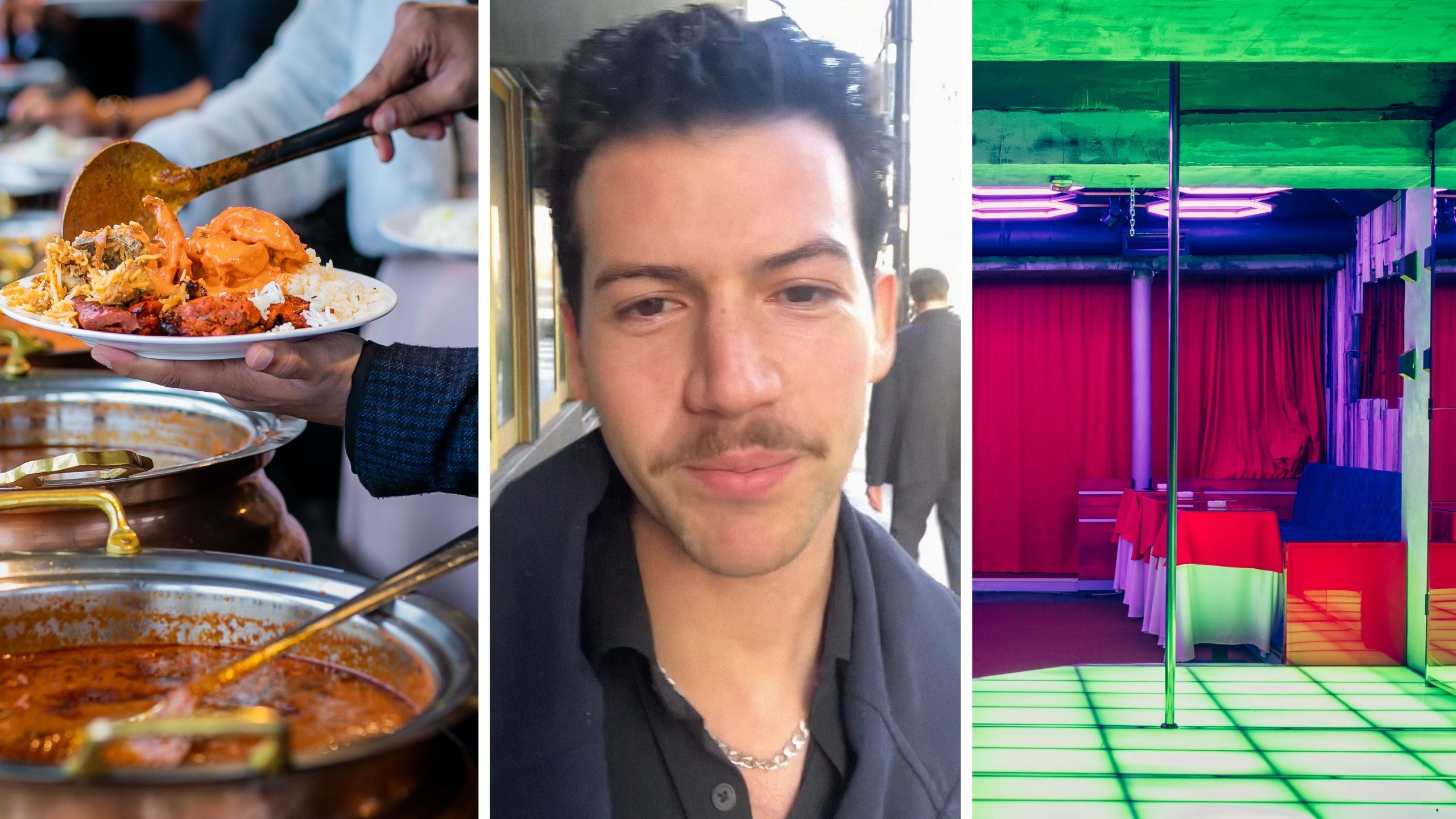 man eating buffet (l) man shares upcoming adventure (c) "skrip club" (r)