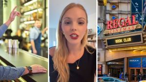 man tries to order drink at cinema (l) woman shares friends cinema experience (c) Regal cinema entrance (r)