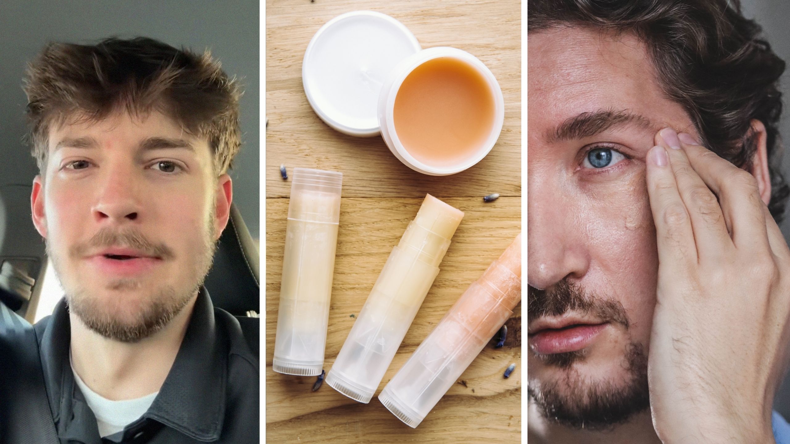 man shares chapstick tip (l) set of chapsticks (c) man putting chapstick on eyelid (r)