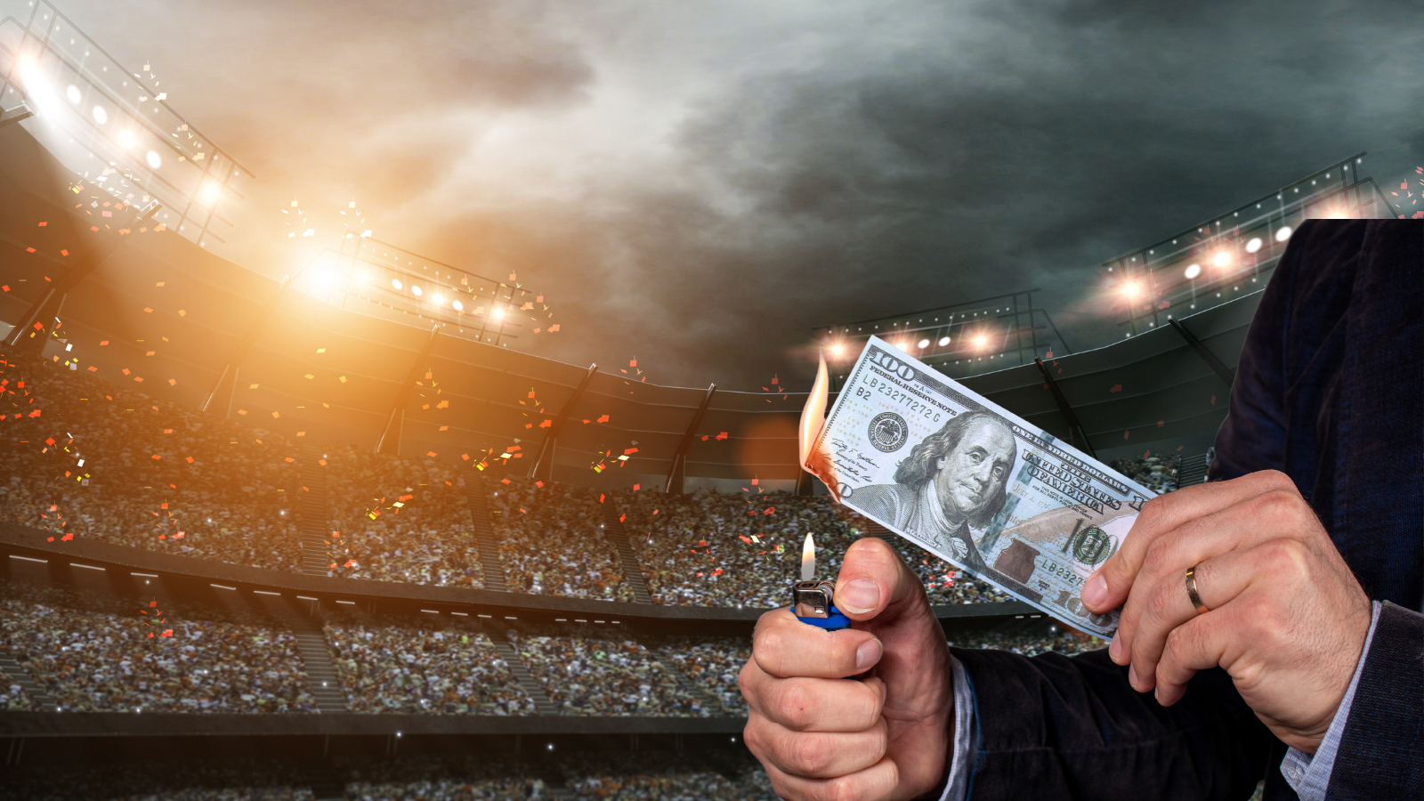 setting money on fire in front of a cheering stadium
