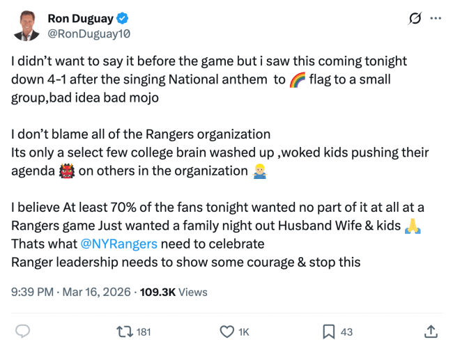 Ron Duguay Rangers Pride Night tweet
