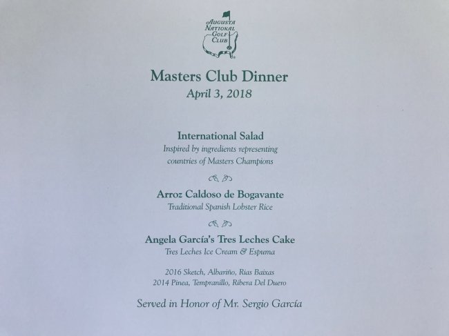 Sergio Garcia Masters dinner menu 2018