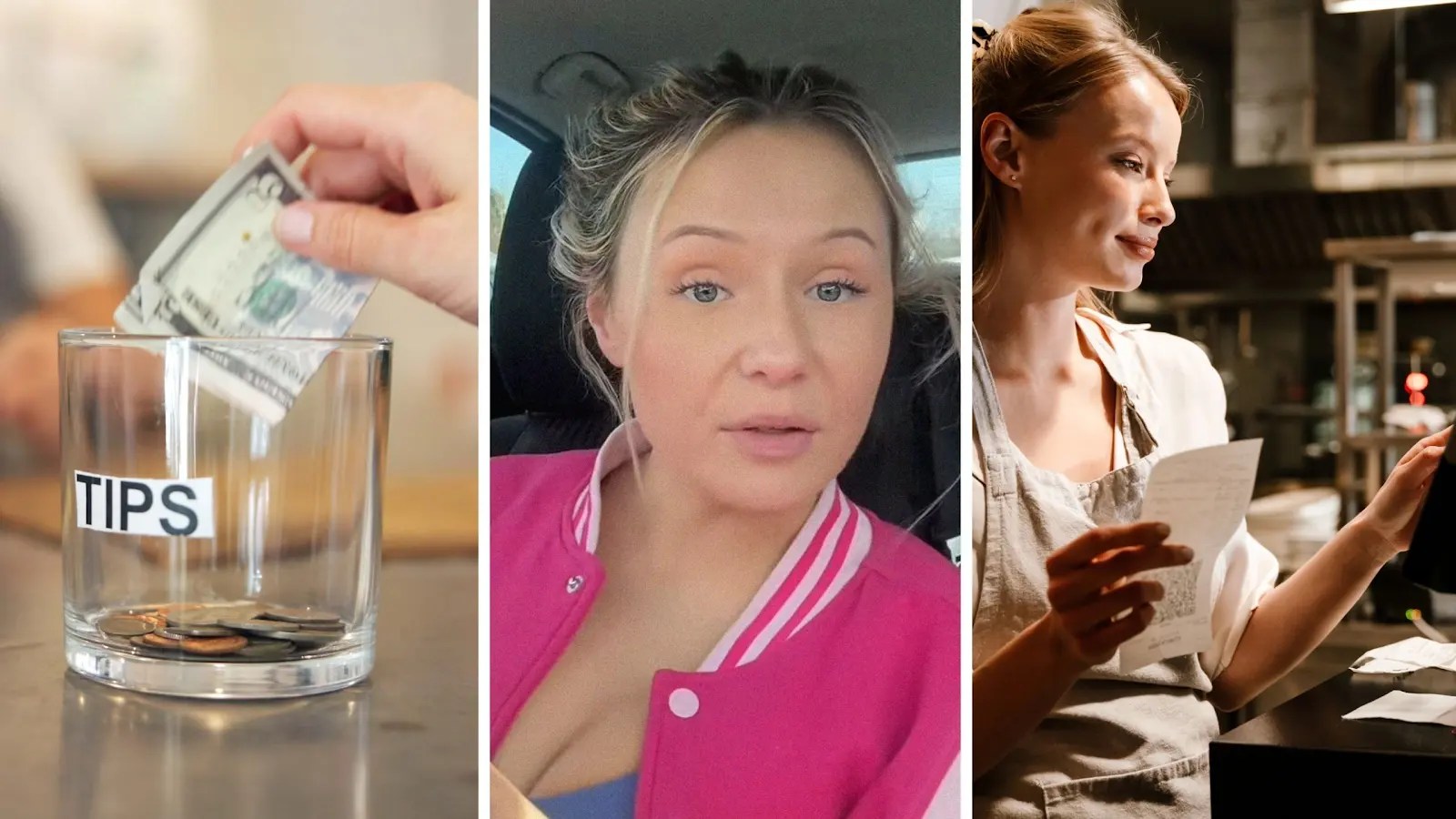 tip jar (l) woman shares day in the job (c) waitress at work (r)
