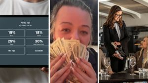 tipping tablet (l) woman shares new job tips (c) fine dining waitress (r)