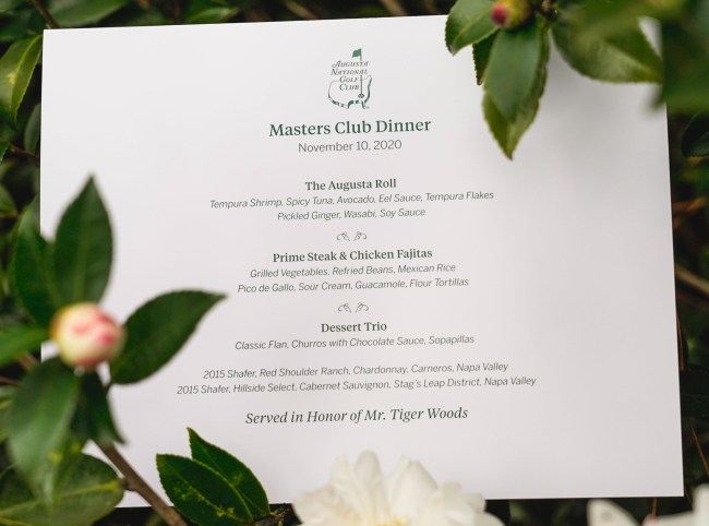 Tiger Woods Masters dinner menu 2020