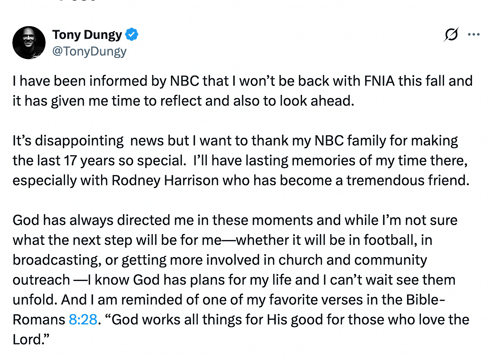 Tony Dungy reacts to being dropped by NBC's Football Night in America broadcast