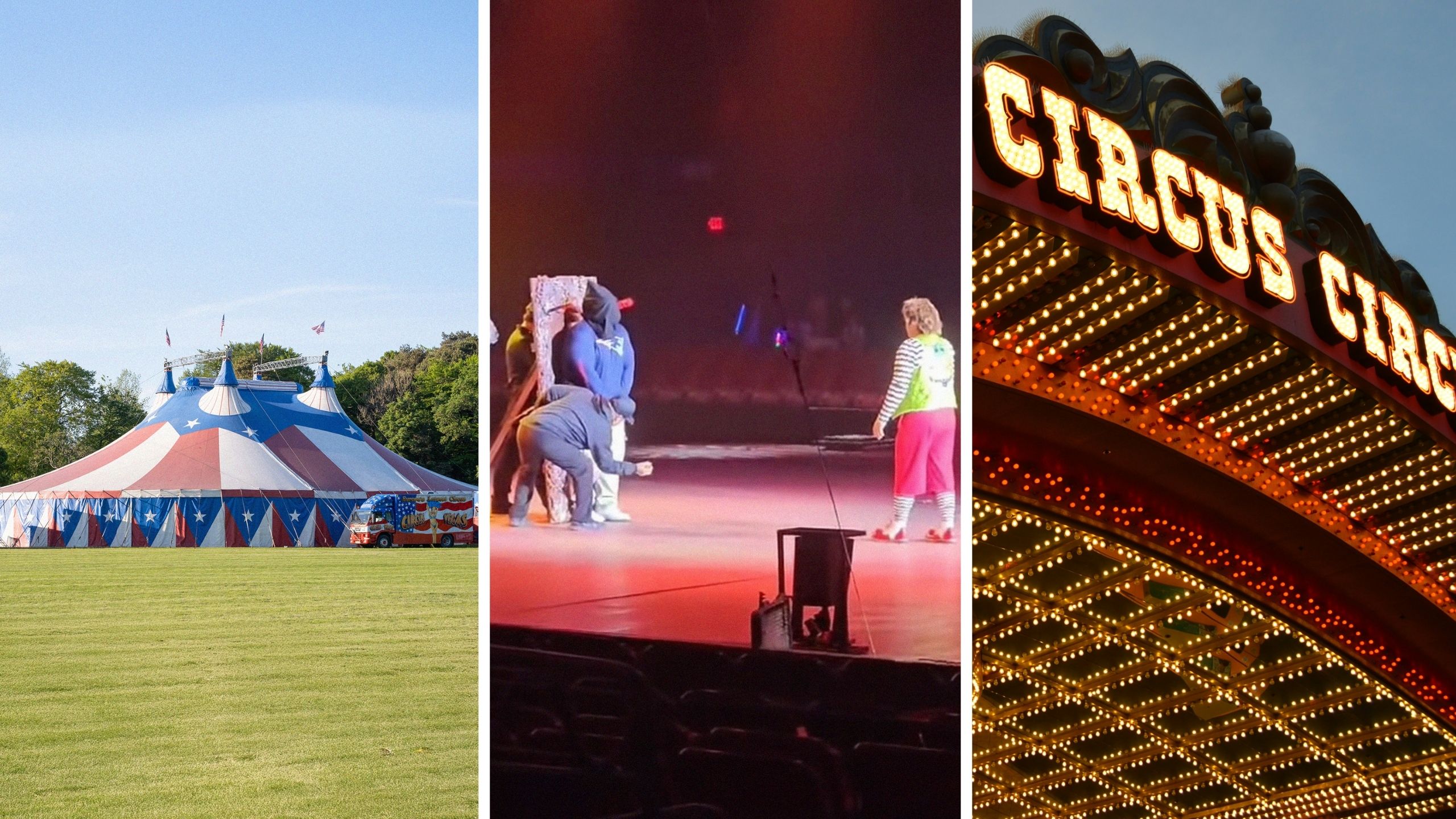 circus tent (l) circus show live (c) circus entrance sign (r)