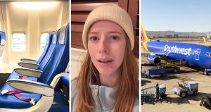 plane seats (l) woman shares airline issue (c) southwest airlines (r)