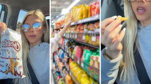 woman holding bag if cheetos (l) woman buying chips (c) woman takes a bite of chips (r)