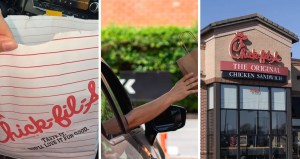 chick-fil-a to-go bag (l) woman goes to drive-thru (c) Chick-fil-a fast food (r)