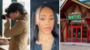 man taking photos of woman (l) woman shares job interview experience (c) Twin peaks front door (r)