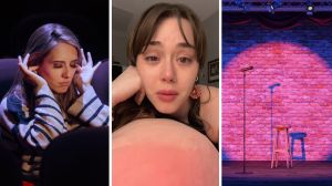 woman not enjoying the show (l) woman shares your first comedy experience (c) comedy show (r)
