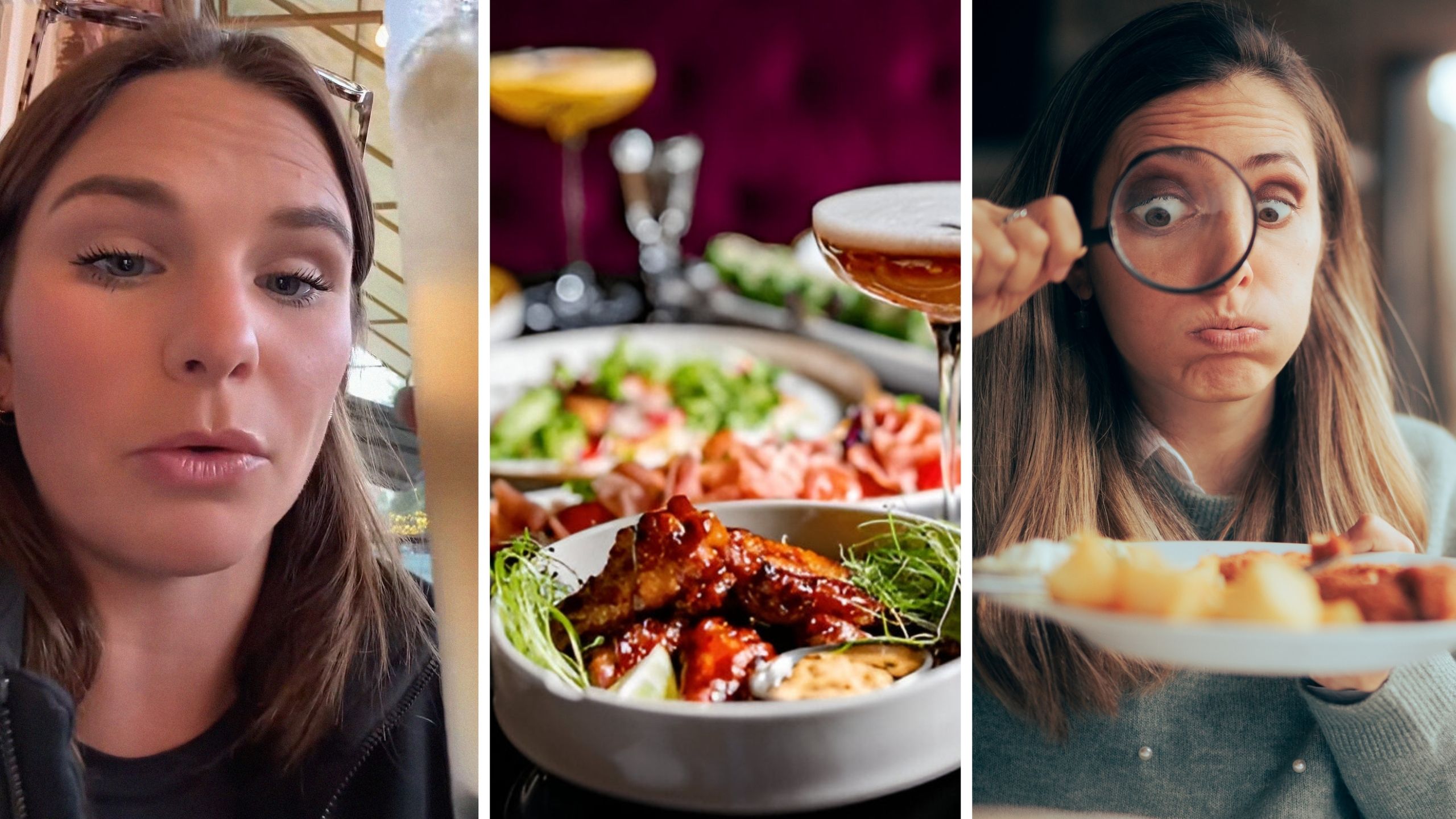 woman shares restaurant hack (l) variety of food (c) food critic (r)