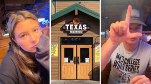 woman shares texas roadhouse issue (l) texas roadhouse entrance (c) man celebrating birthday at texas roadhouse (r)