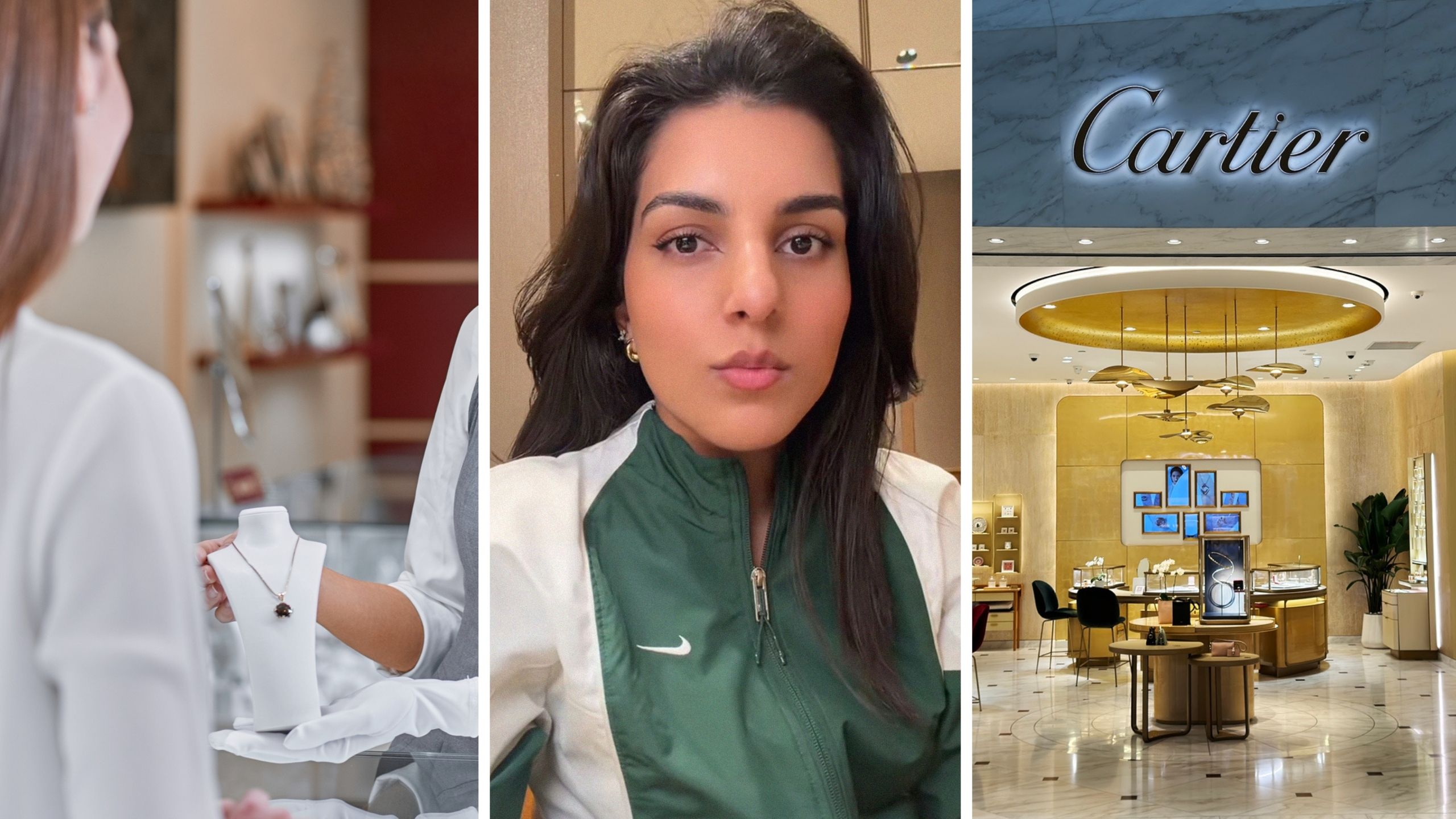 woman at jewelry store (l) woman shares cartier experience (c) Cartier storefront (r)