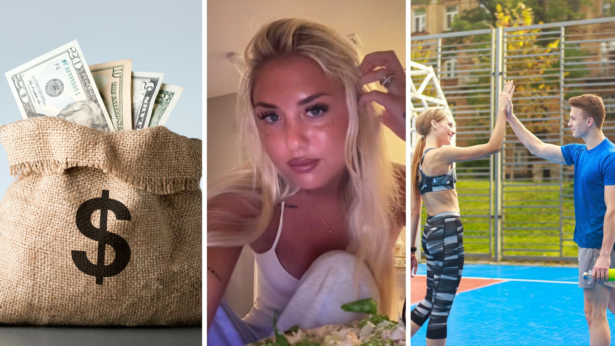 a lot of money spent (l) woman shares college story (c) woman meets guy athlete (r)