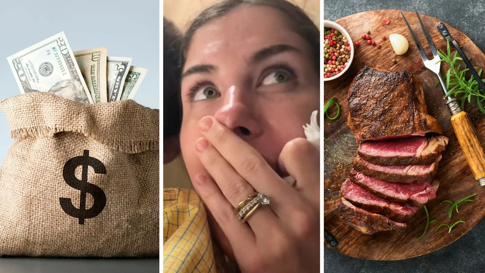 bag of money (l) woman shares dinner issue (c) wagyu steak meal (r)
