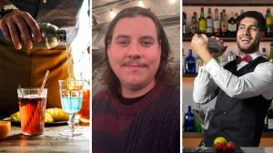 bar tender pouring drink (l) man shares job experience (c) bartender that loves his job (r)