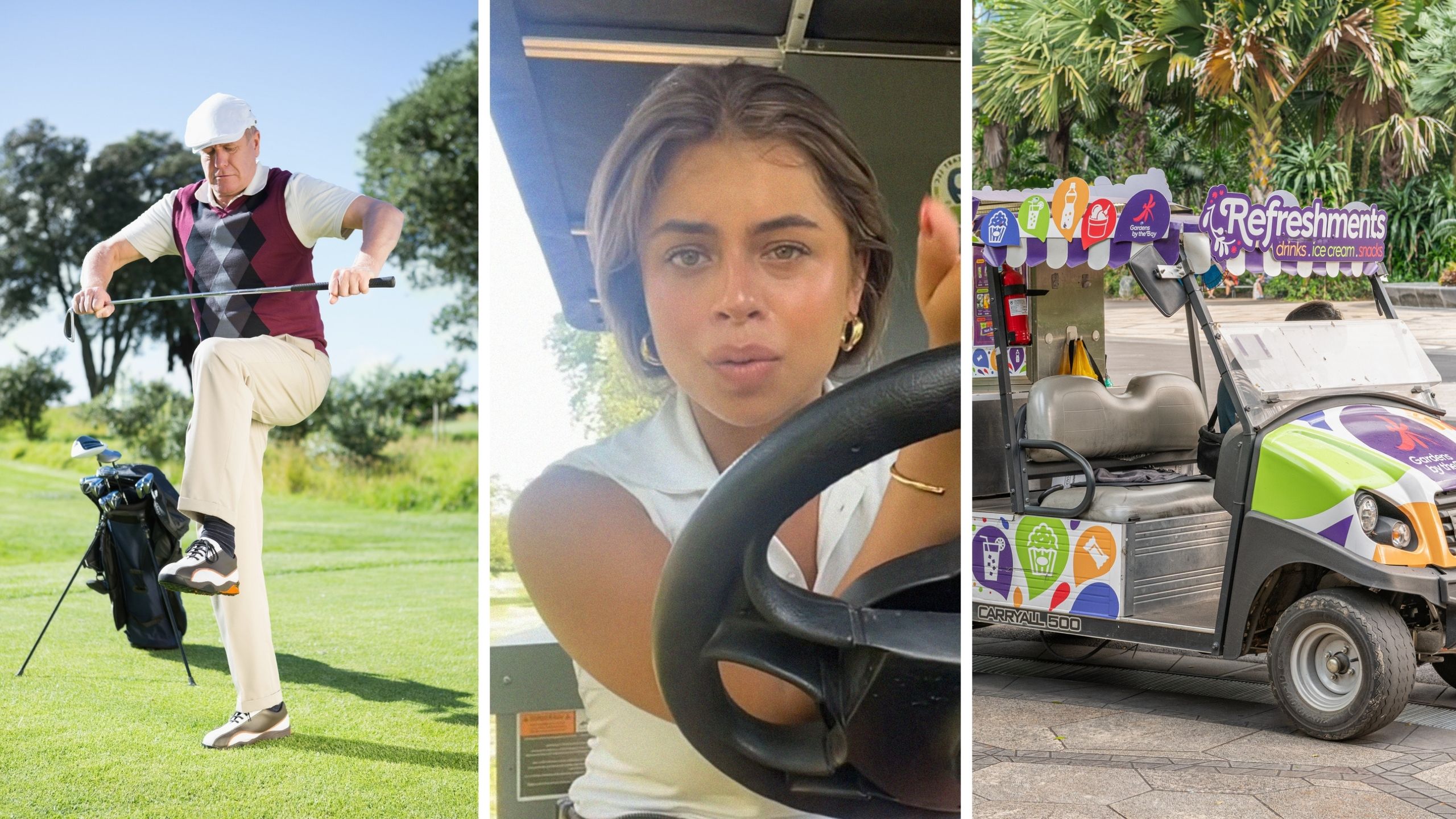 angry golfer (l) woman shares a day in the job (c) beverage cart (r)