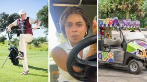 angry golfer (l) woman shares a day in the job (c) beverage cart (r)