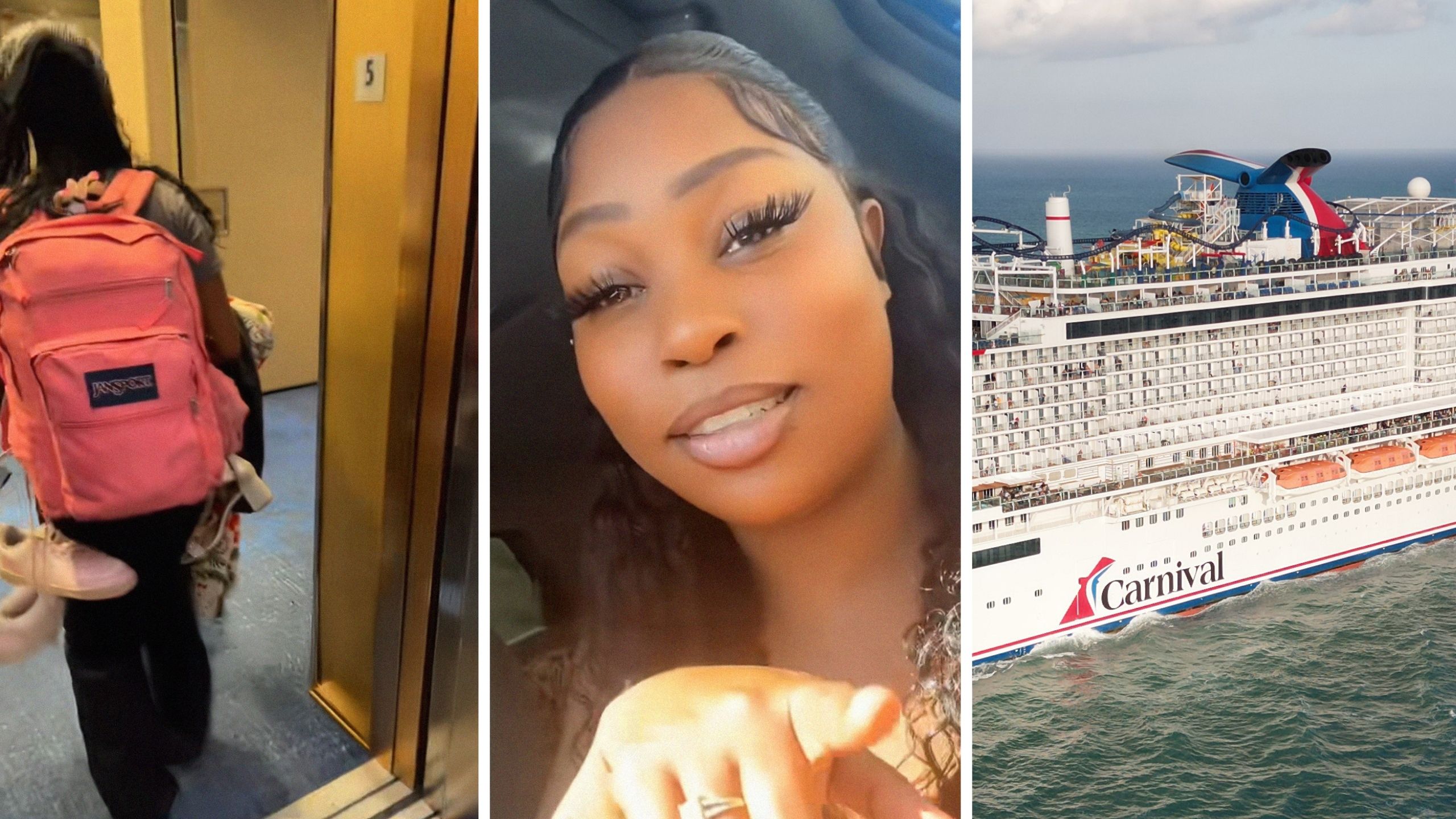 family with all their belongings (l) woman shares carnival cruise issue (c) carnival cruise ship (r)