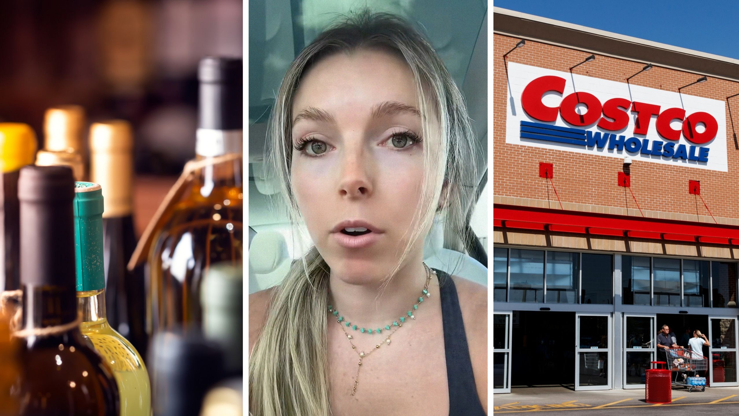 bottles of alcohol (l) woman shares costco hack (c) costco storefront (r)