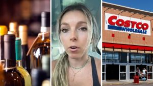 bottles of alcohol (l) woman shares costco hack (c) costco storefront (r)
