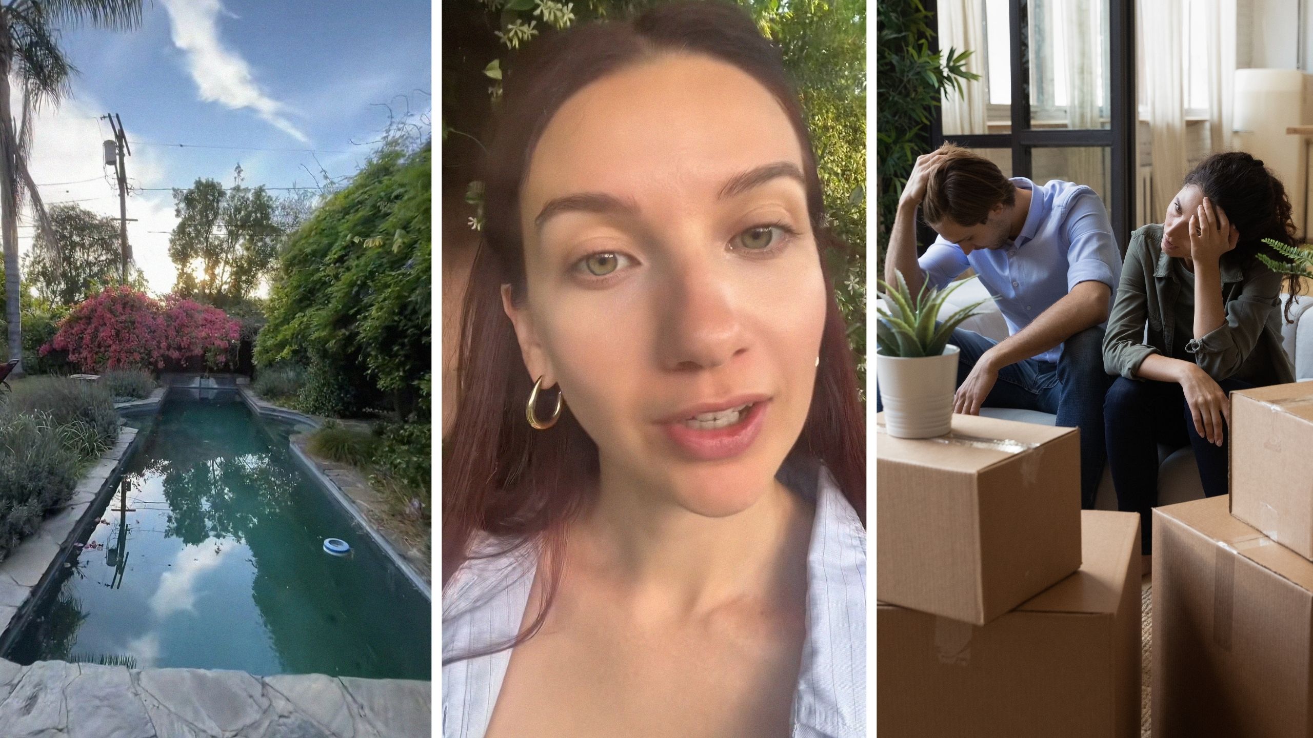 home with beautiful pool (l) woman shares reason for moving out of her home (c) sad couple moving out (r)