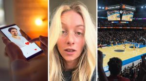 woman finds a dating app match (l) woman shares first date experience (c) basketball game date (r)