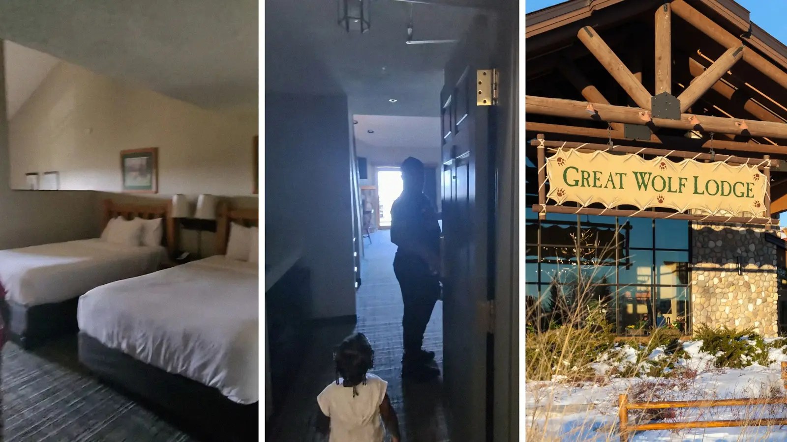 hotel room (l) Family checks in to the Great Wolf Lodge (c) The Great Wolf Lodge entrance (r)